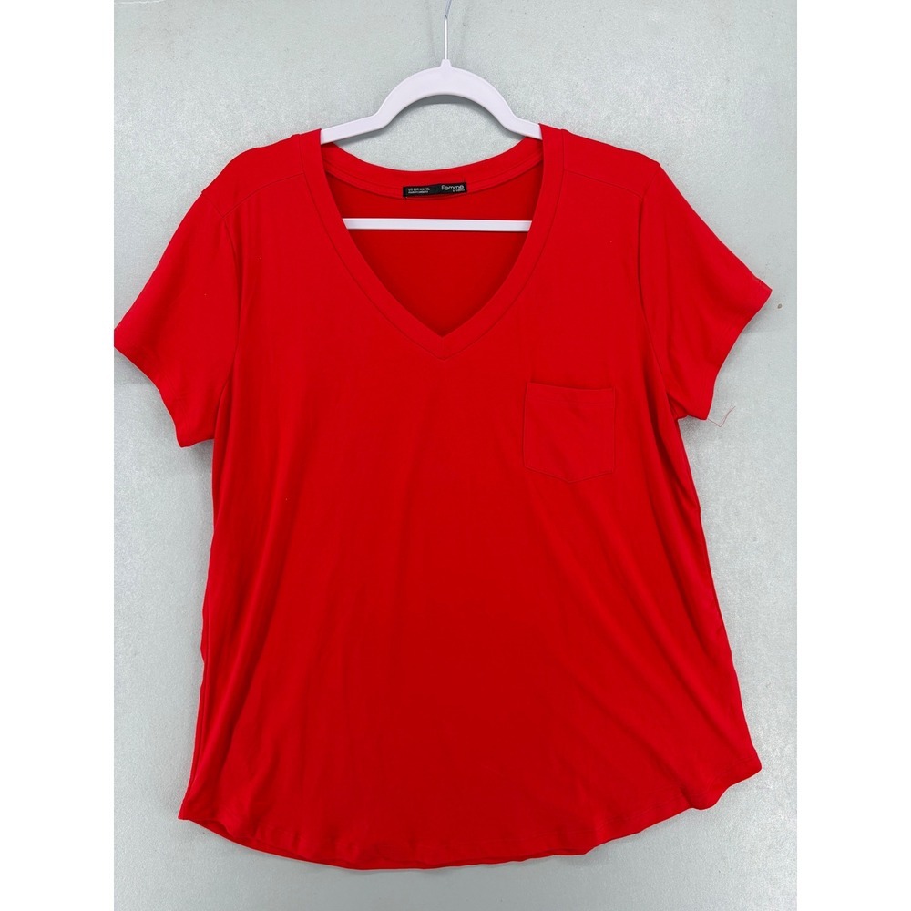 Femme by Tresics T-Shirt Women XL Red V-Neck Short Sleeve Pocket Basic Tee